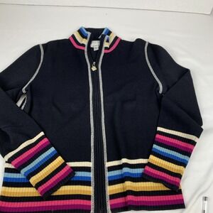 St. John Sport By Marie Gray Zip Petite Black Sweater Striped Collar , Cuffs,